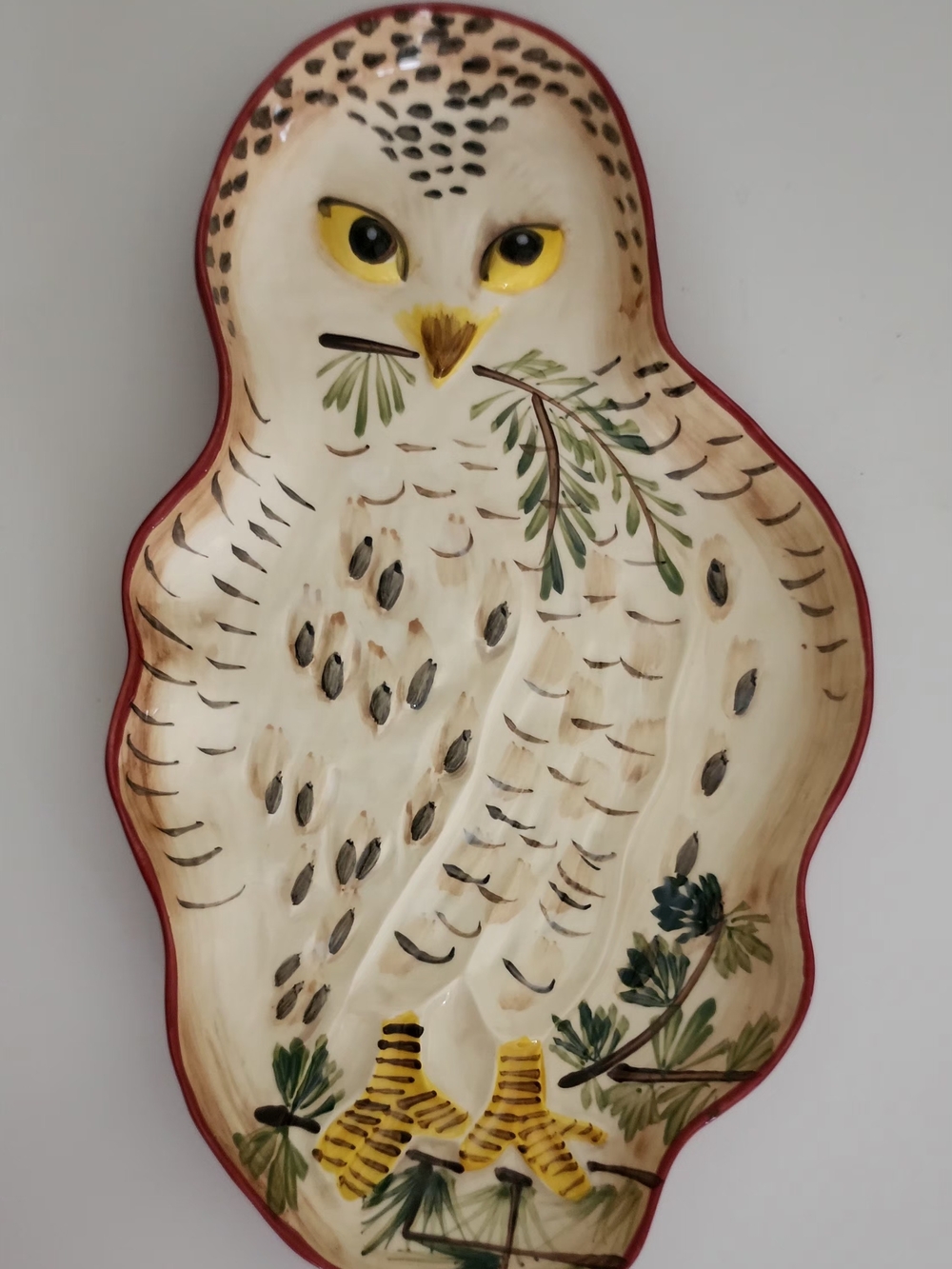Anthropologie Hand-Painted Owl Wall Plaque - Cream, Red, Yellow, Green